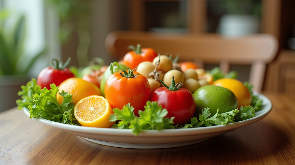 Close-up view of a colorful plate filled with fresh fruits and vegetables