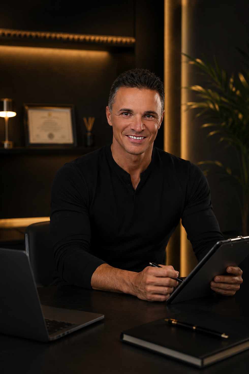 Coach Andy sorridente alla scrivania con appunti