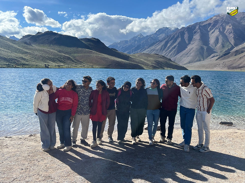 Group photo at Chandratal Lake during Spiti Expedition