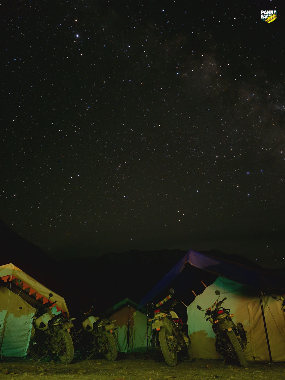 Bikes parked outside camps at Chandratal with stars in the backdrop