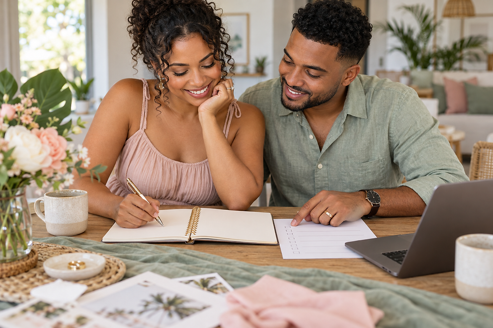 Couple reviewing their wedding checklist together at home