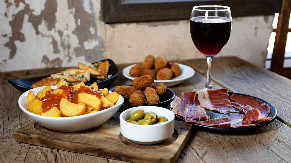 A selection of delicious Spanish tapas sits ready to enjoy