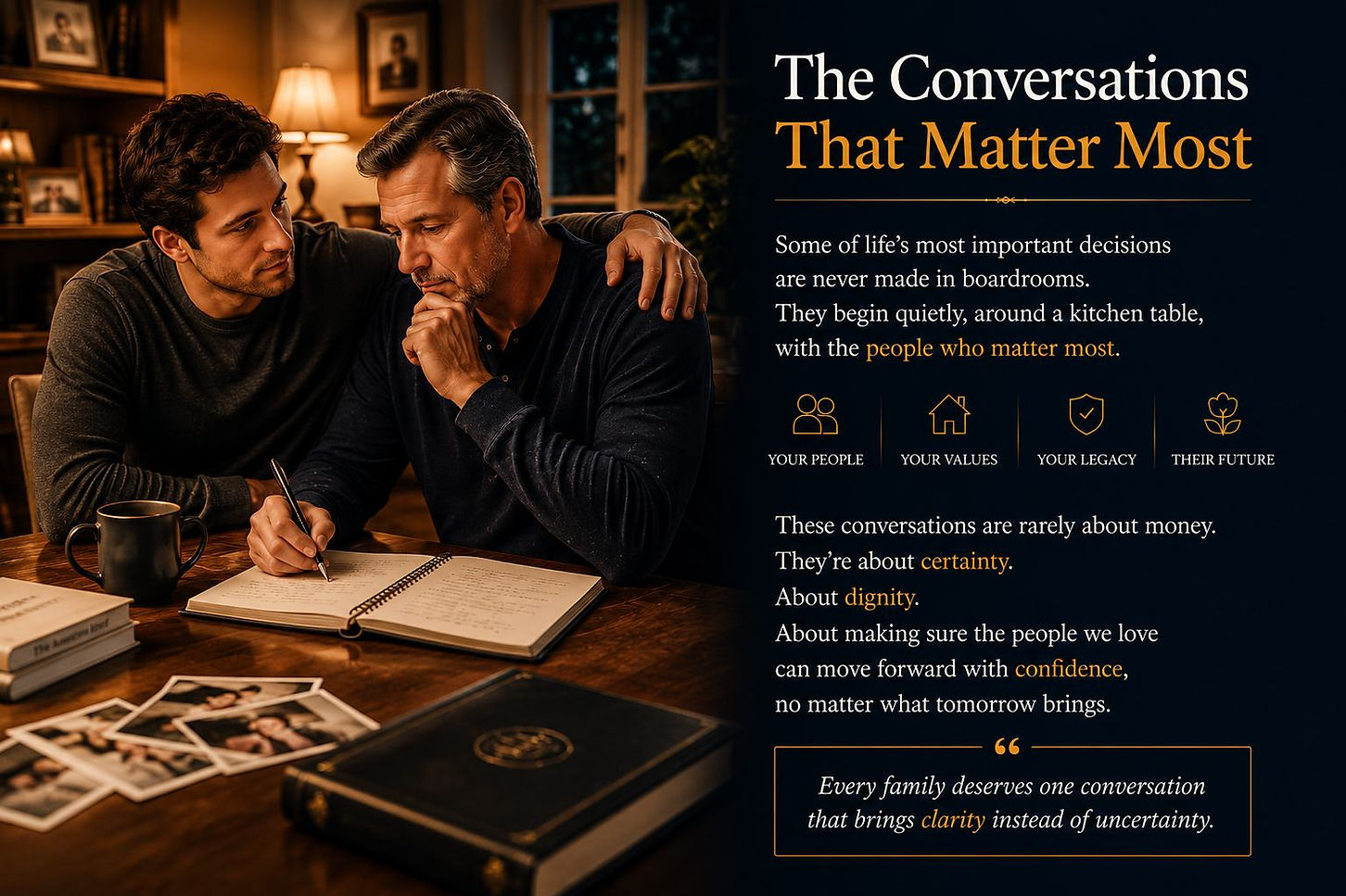Successful father reflecting on decades of hard work, retirement planning, and protecting family wealth.