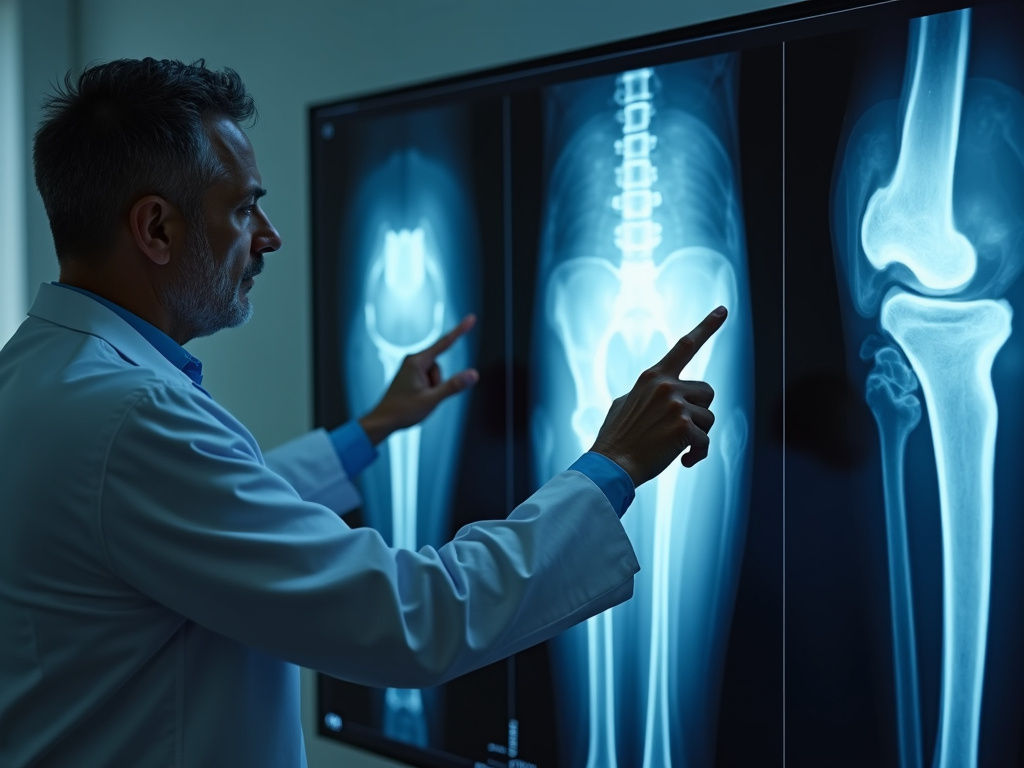 Orthopaedic doctor reviewing X ray images for joint and spine assessment at Subbarao Hospital, Raipur.