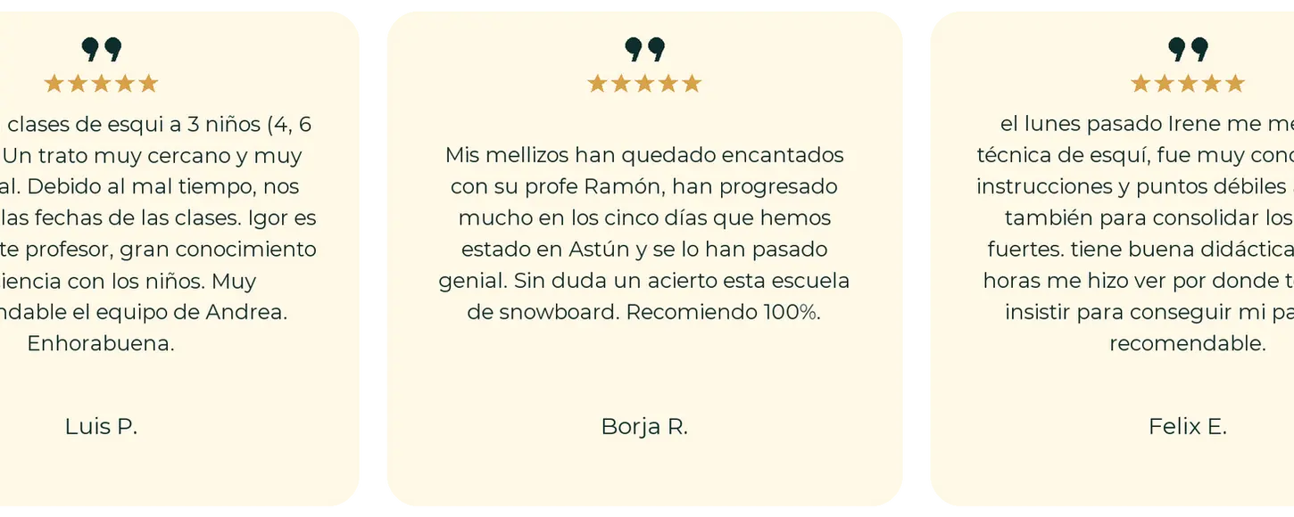 Reseñas de familias y alumnos de Kyomu Academy: clases de esquí y snowboard en Astún y Candanchú (5 de 6)