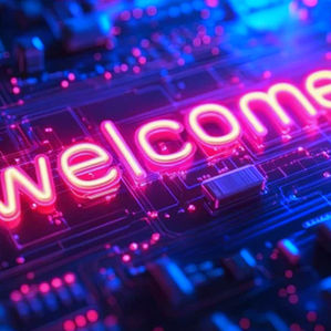 Illuminated neon welcome sign on futuristic circuit board showcasing technology