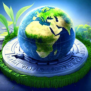 Globe on coins with leaves, representing regenerative finance and green finance growth concepts.