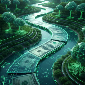 Dollar notes forming a river representing flowing currency, finance flow, regenerative finance