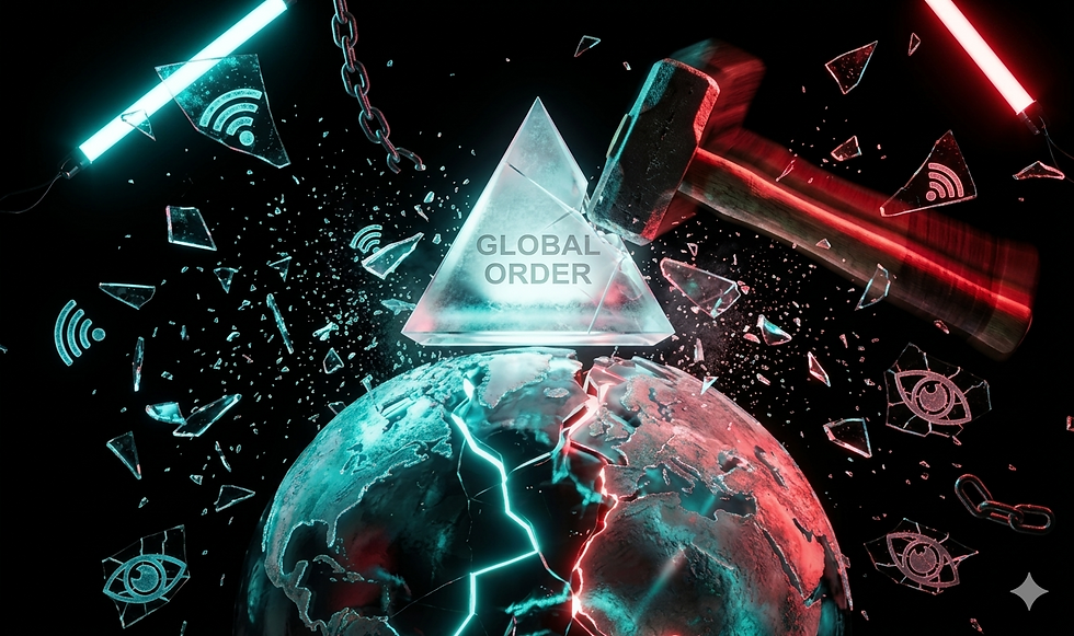Shattered globe beneath glass pyramid labeled Global Order struck by hammer, representing system breakdown and systemic failure