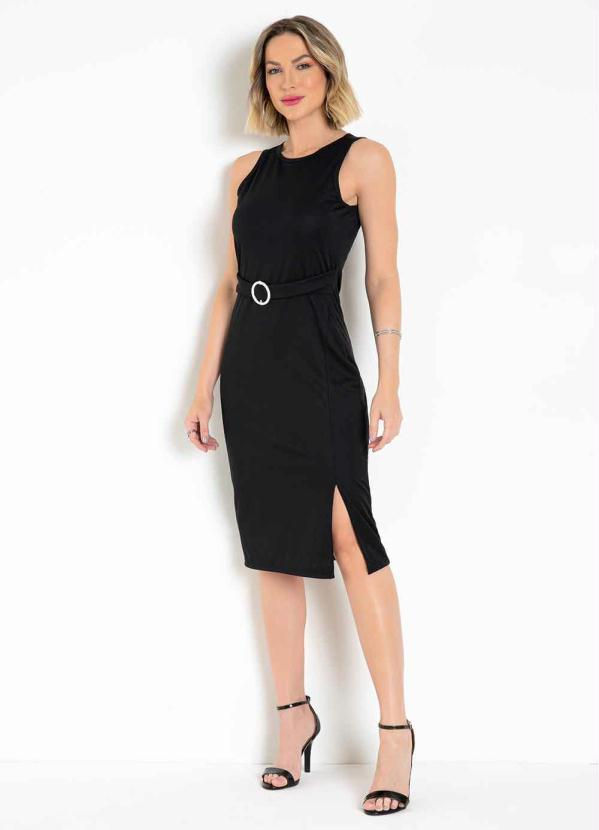 VESTIDO TUBINHO PRETO COM FAIXA E FENDA