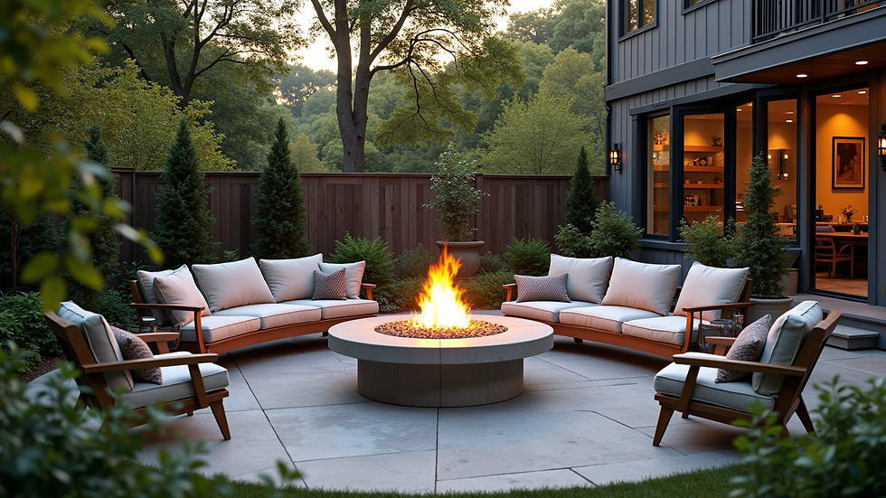 Wide angle view of a backyard patio with a fire pit and comfortable seating