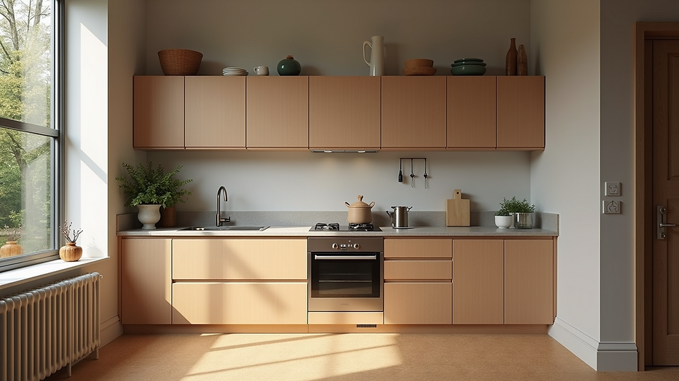High angle view of kitchen with cork flooring and modern cabinets