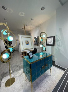 Italian Tiffany Blue Glass Cabinet + Saturn ring torchiers