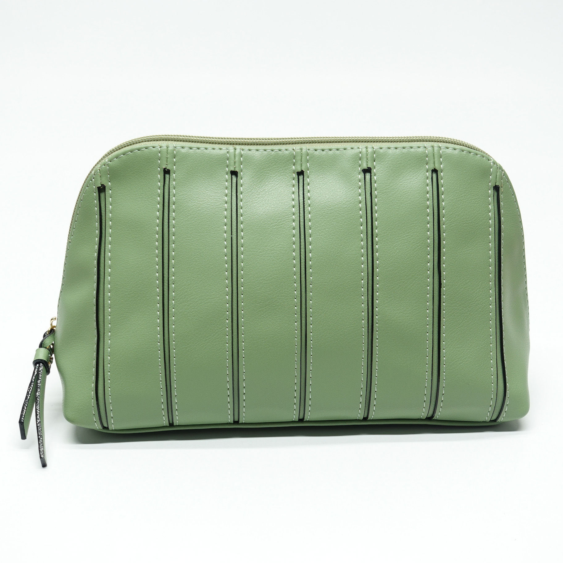 Sage-green-pleated-vegan-leather-dome-pouch-with-white-stitching-and-gold-zipper-factory.