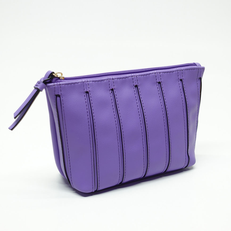 Thumbnail: Vibrant-purple-pleated-vegan-leather-makeup-pouch-gold-zipper-tapered-design-factory-wholesale.