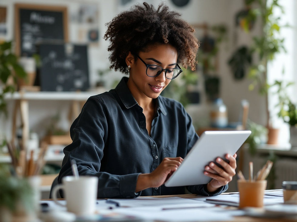 Creative professional reviewing health insurance options in an art studio, demonstrating the balance between artistic work and healthcare planning