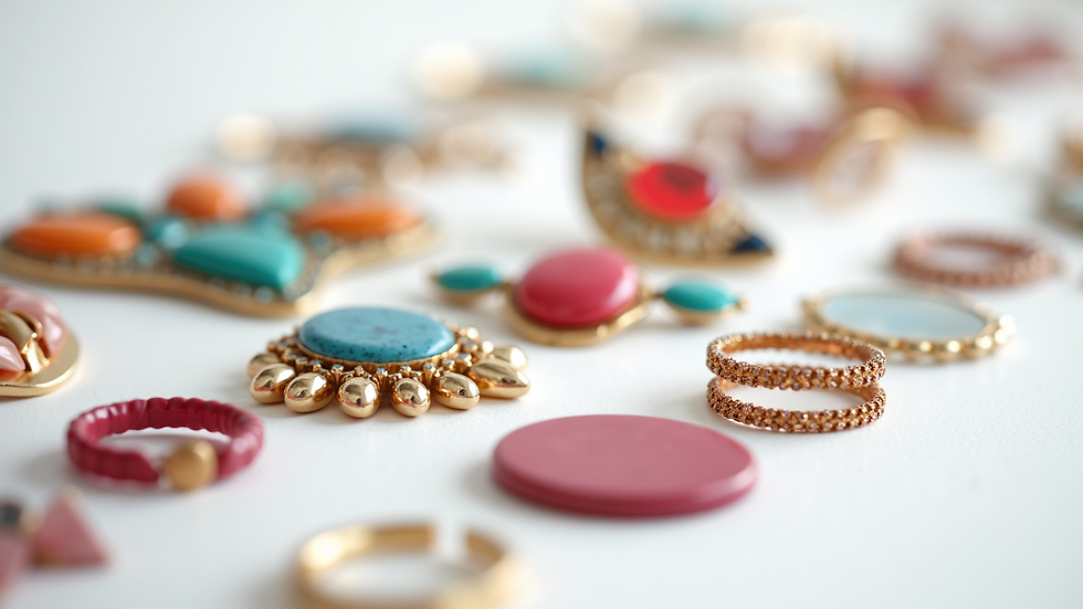 Close-up view of colorful statement jewelry displayed on a white background