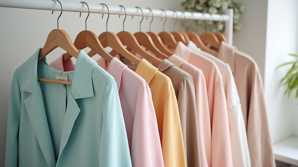 Wide angle view of stylish pastel outfits on hangers