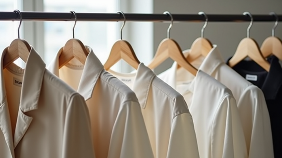 Close-up view of minimalist clothing hanging on a rack