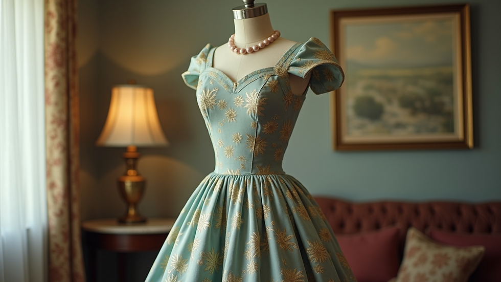 Eye-level view of a vintage 1950s dress on a mannequin