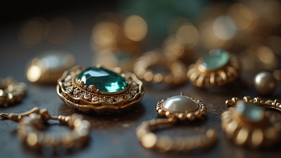 Close-up view of a collection of vintage jewelry pieces