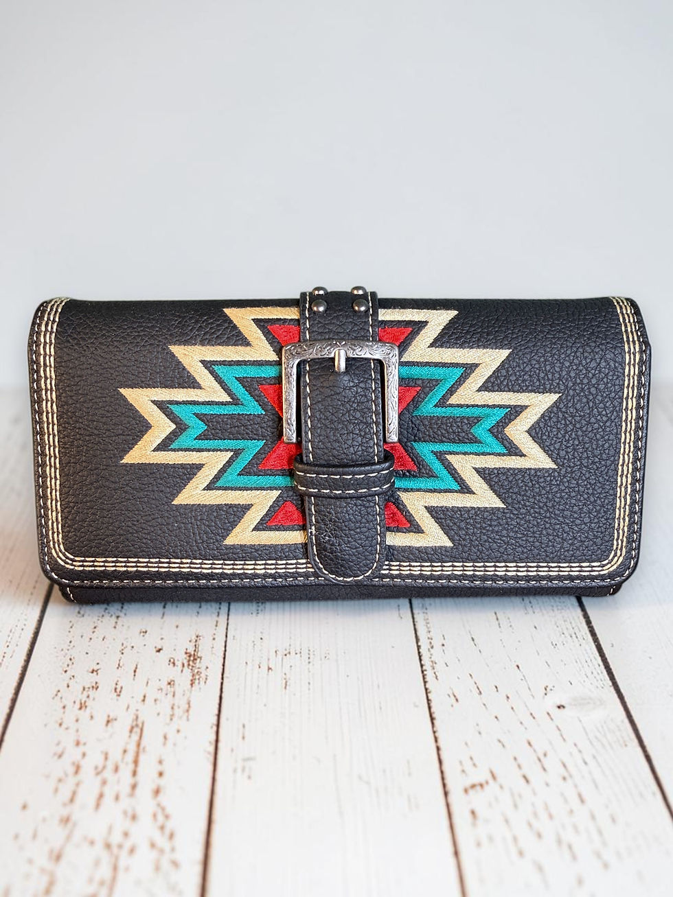 Montana West black Aztec embroidered tri-fold wristlet wallet front view with cream, turquoise and red embroidery and buckle