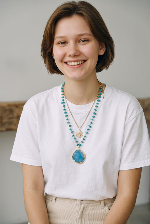 Myra Bag Trailblazer 2-strand agate stone necklace modeled with turquoise-tone beads and gold-tone pendants
