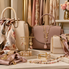 Elegant boutique display featuring handbags, floral scarves, and gold-tone jewelry arranged on a soft neutral table with pink and cream tones, creating a polished luxury accessories setting.