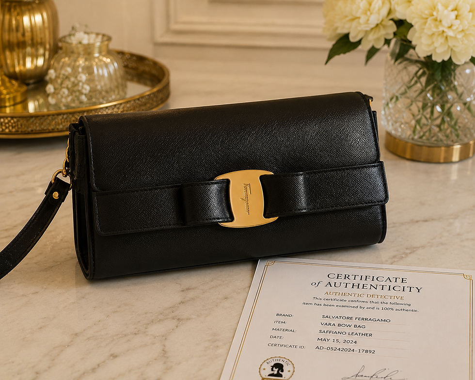 Elegant black Salvatore Ferragamo leather handbag with signature gold-tone Gancini hardware resting on a marble tabletop beside a Certificate of Authenticity. The luxury display is accented with soft cream flowers, gold décor, and warm lighting, creating a sophisticated boutique-inspired setting that highlights authenticity and timeless style.