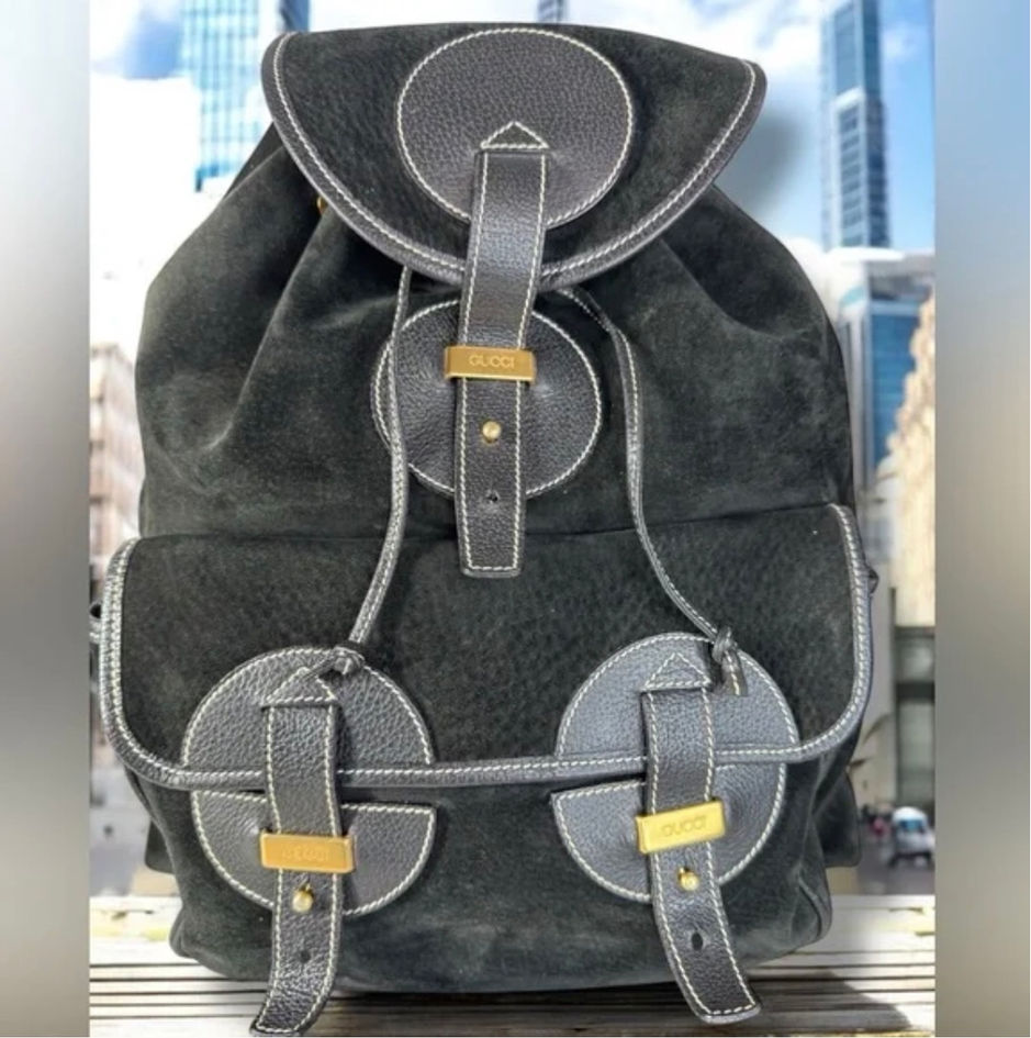 Gucci rare vintage black suede and leather backpack with COA front view
