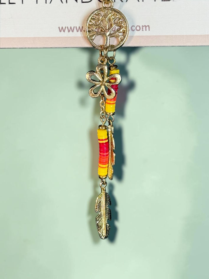 Tree of Life pendant with flower, feather and colorful bead dangles