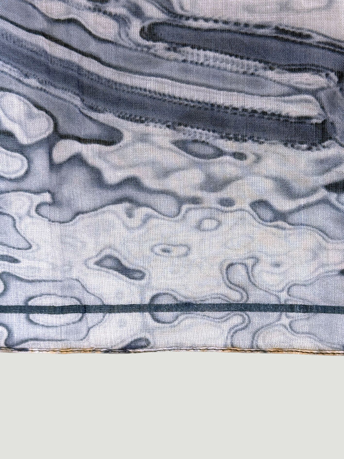 Chanel navy and white “Liquid Splash” scarf edge and fluid abstract pattern detail