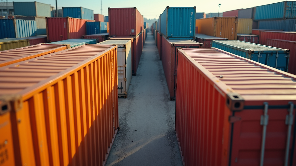 Eye-level view of a shipping container yard filled with colorful containers