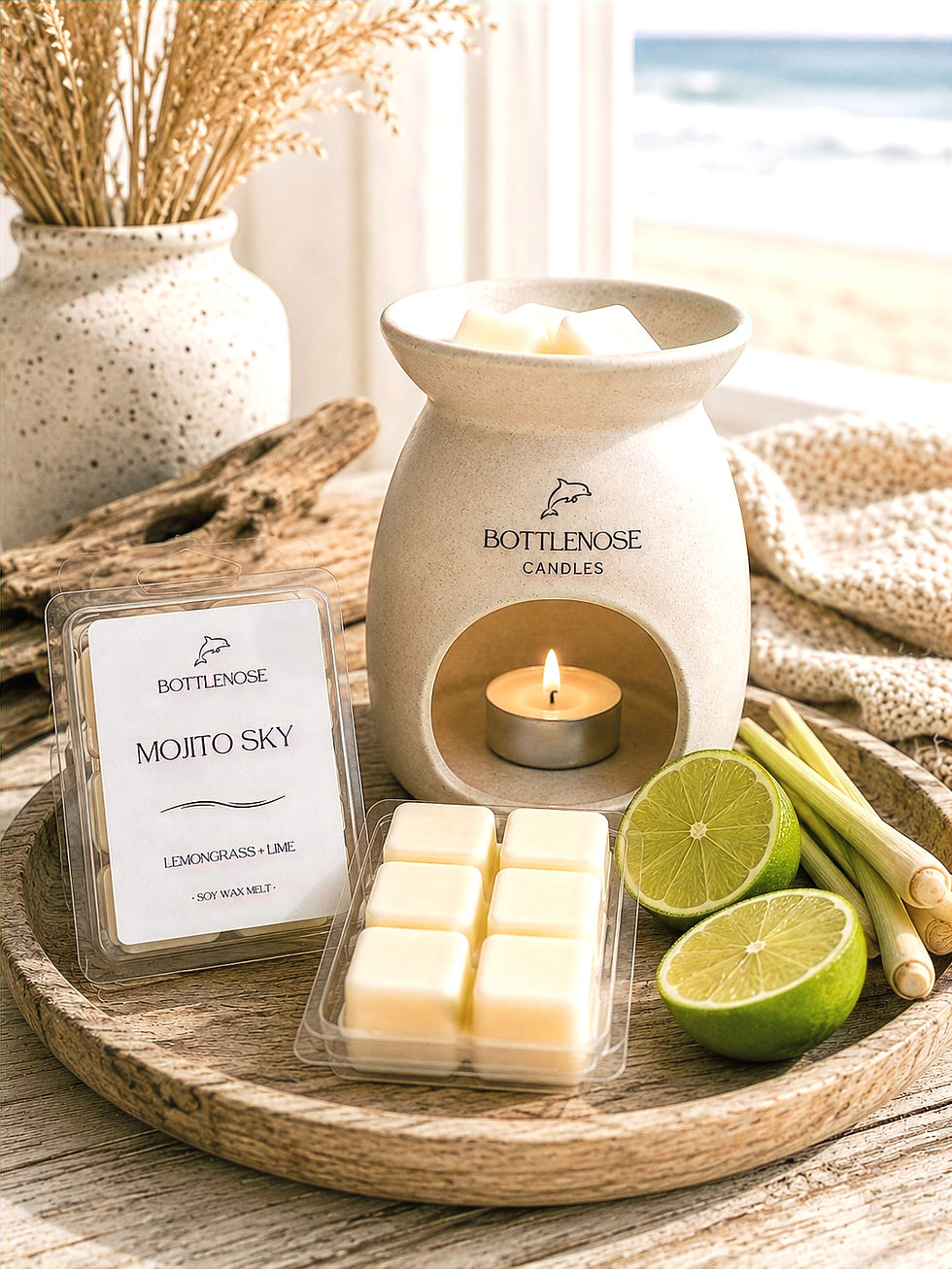 Mojito Sky wax melt beside a coastal wax warmer