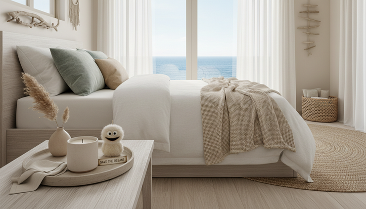 Wide-angle view of a candle in a coastal bedroom with white linen and pale timber furniture.