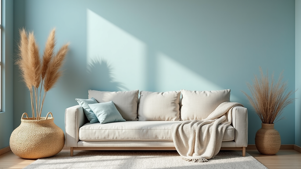 Eye-level view of a cozy living room with soft blue walls and natural woven baskets