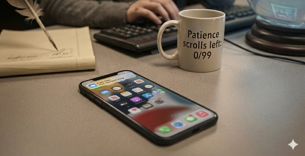 Phone on a desk with apps visible, person writing with a quill, cup reads "Patience scrolls left: 0/99," suggesting a humorous mood.