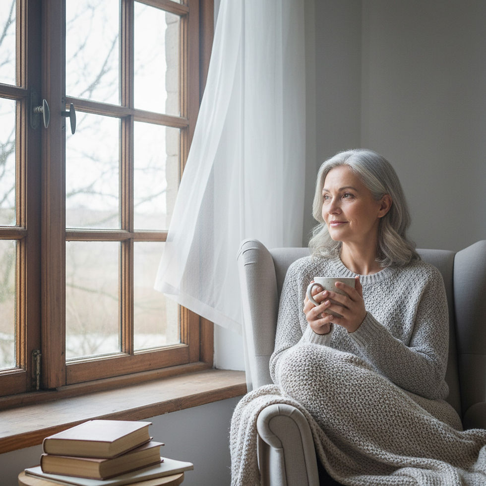 Woman with gray hair in a cozy sweater, sitting by a window with a cup, looks outside thoughtfully. Books stacked nearby, serene mood.