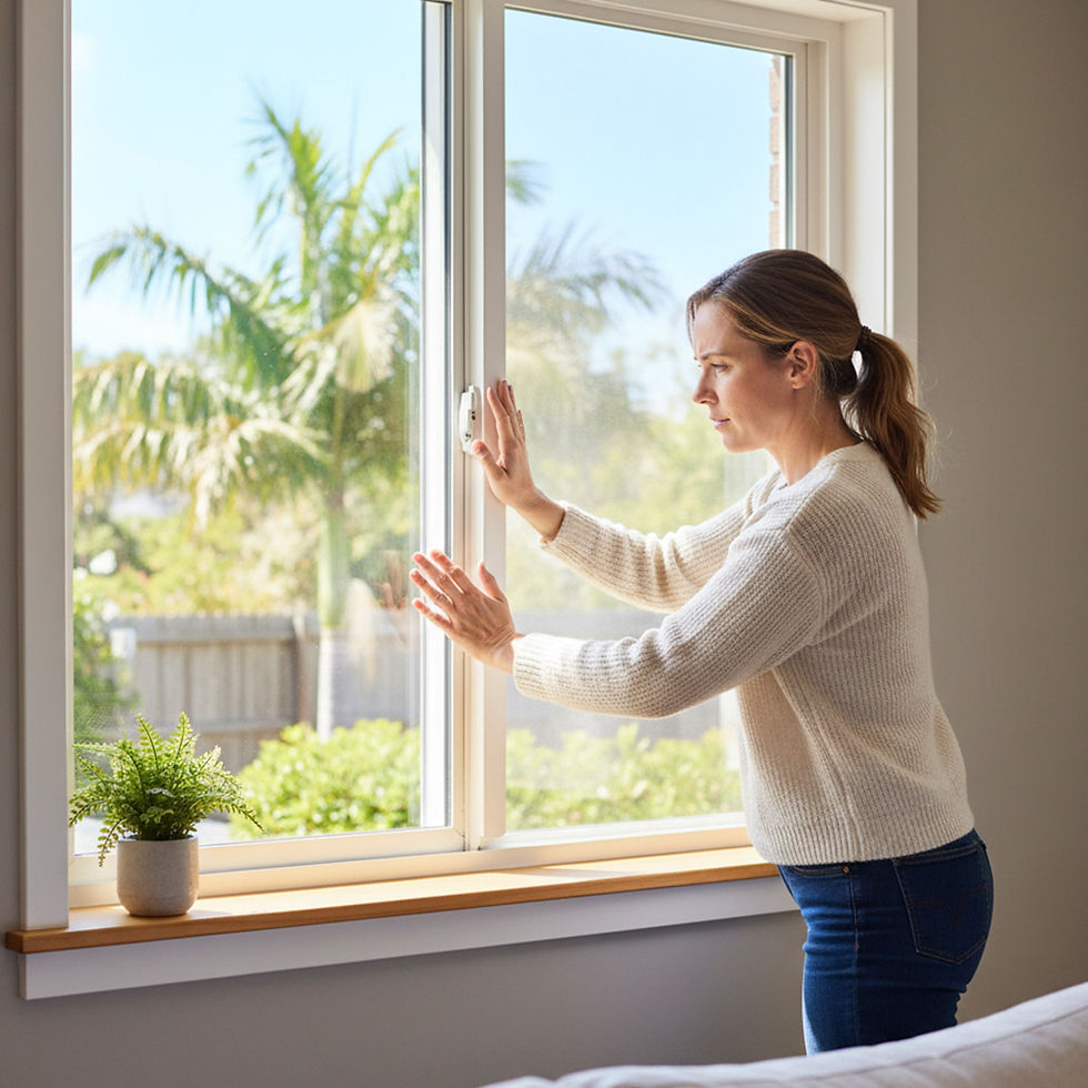 Woman in white sweater opens window, letting in natural light. Background shows palm trees. Potted plant on windowsill. Calm mood.