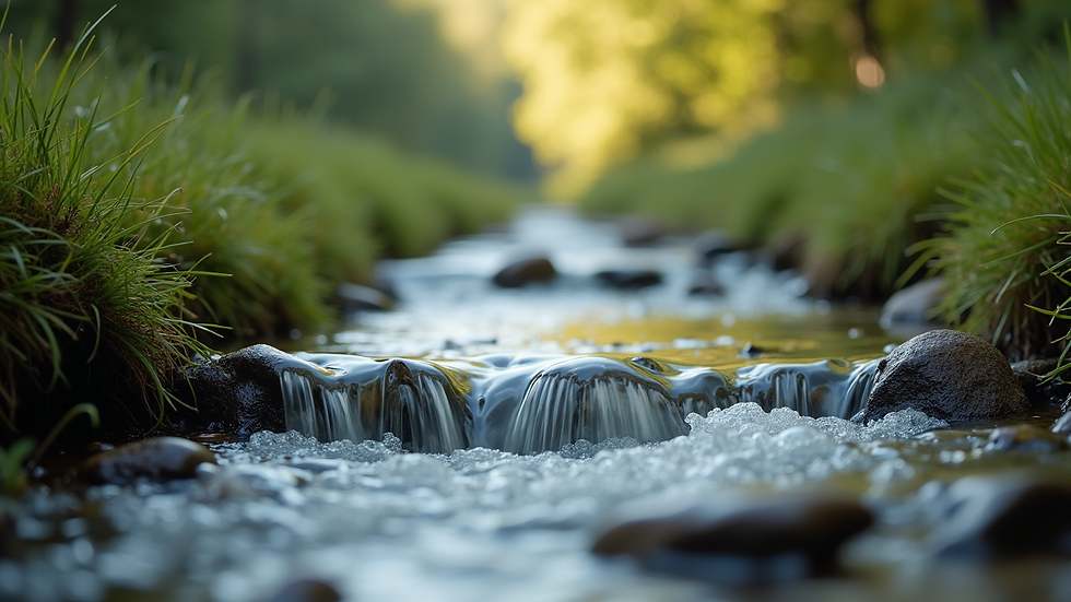 Close-up view of a serene nature scene with a flowing stream