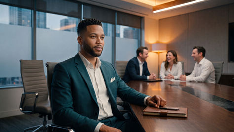 Homem negro sentado em uma mesa de reunião conversando com colegas, representando um ambiente de diálogo profissional em saúde mental.