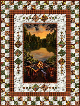 Panel Bliss in Great Escape Fabric by Timeless Treaasures with a campfire scene and birchbark border