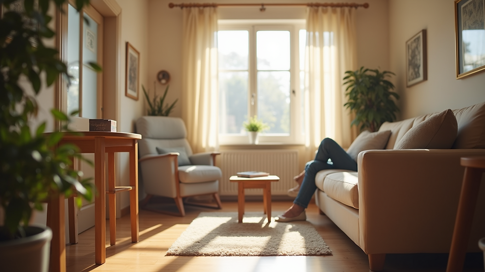 Eye-level view of a cozy living room with senior healthcare equipment