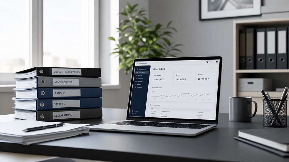 Bureau avec ordinateur affichant un logiciel de comptabilité et classeurs de documents administratifs d'entreprise.