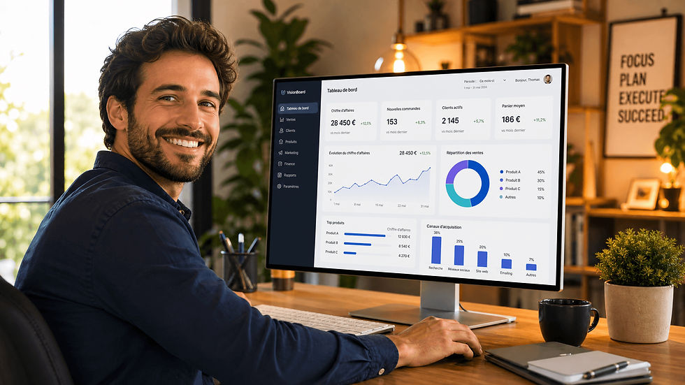 Entrepreneur consultant un tableau de bord financier pour piloter son activité et suivre les indicateurs de son entreprise.
