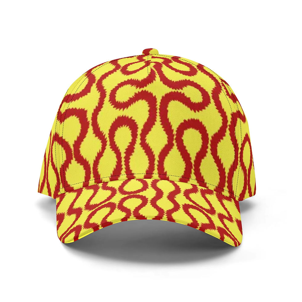 All Over Print, Westwood Squiggles Design, Style, Baseball Cap, Red Squiggle on Yellow Background