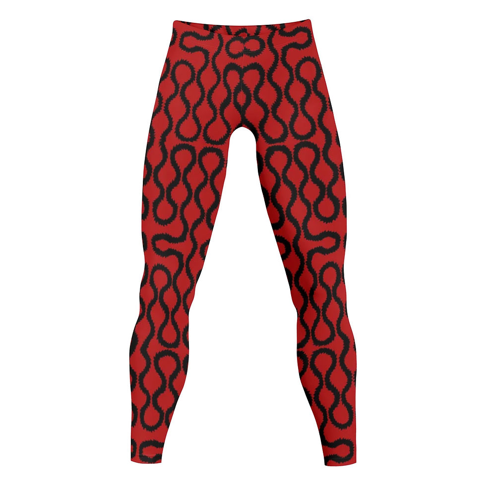 Unisex All Over Print Leggings, Westwood, Squiggles, Pattern, Black Squiggle on Red background