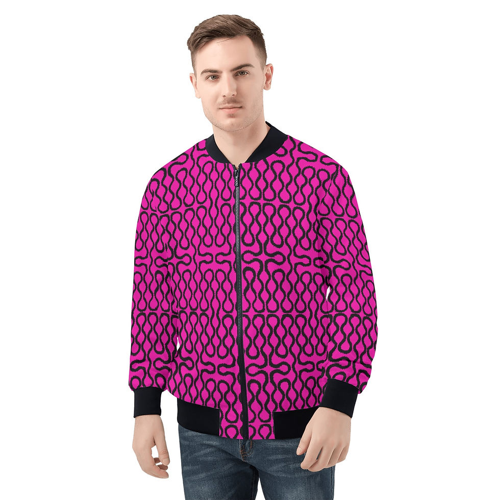 Unisex All Over Print Zip Bomber Jacket, Westwood Black Squiggles on Fuscia Background