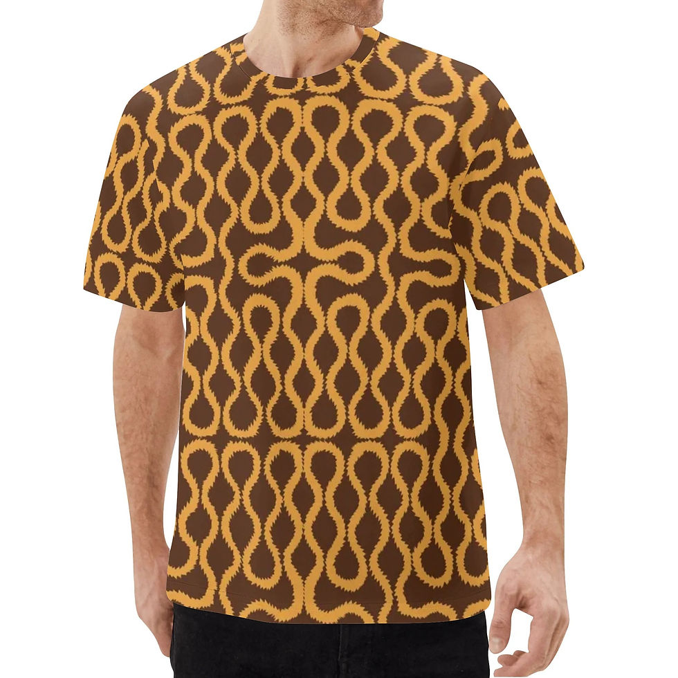 Unisex All Over Print T-shirt Westwood Squiggles Pattern Gold on Brown