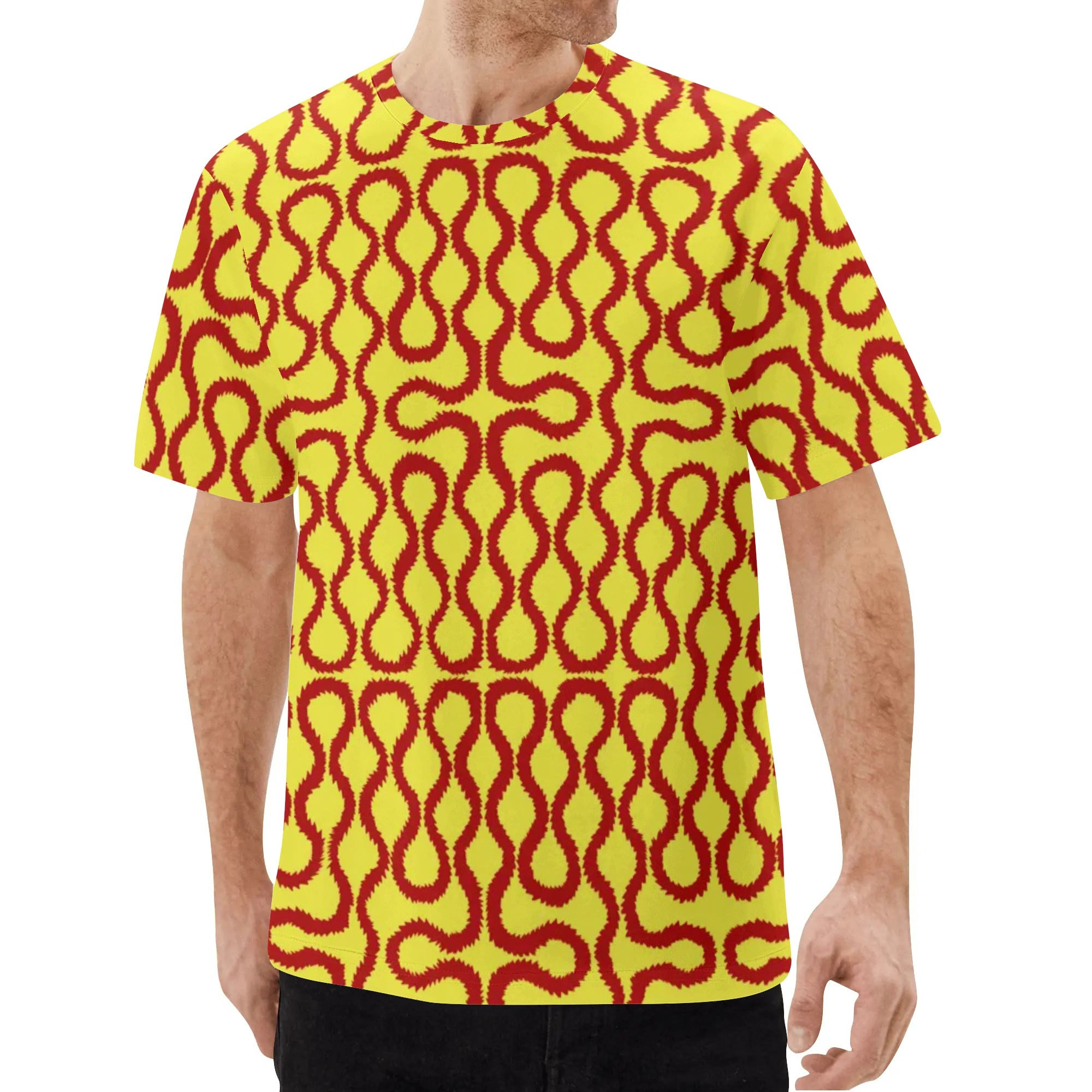Unisex All Over Print T-shirt, Westwood, Squiggles, Pattern, Red Sqiggles on Yellow Background